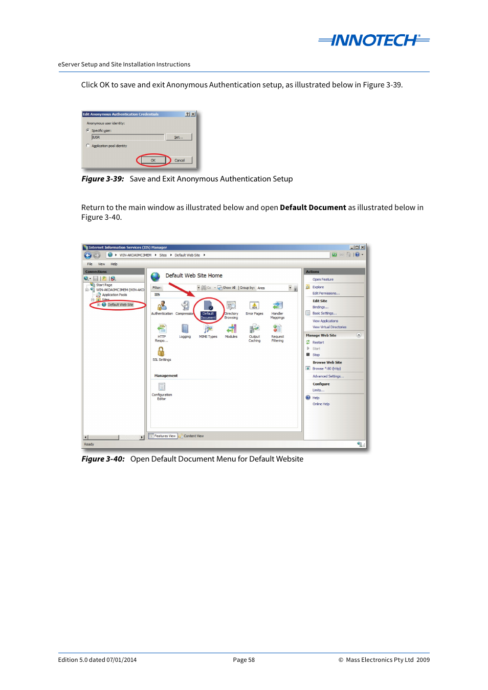 Save and exit anonymous authentication setup, Open default document menu for default website, E 3-39 | E 3-40 | Innotech eServer User Manual | Page 58 / 118