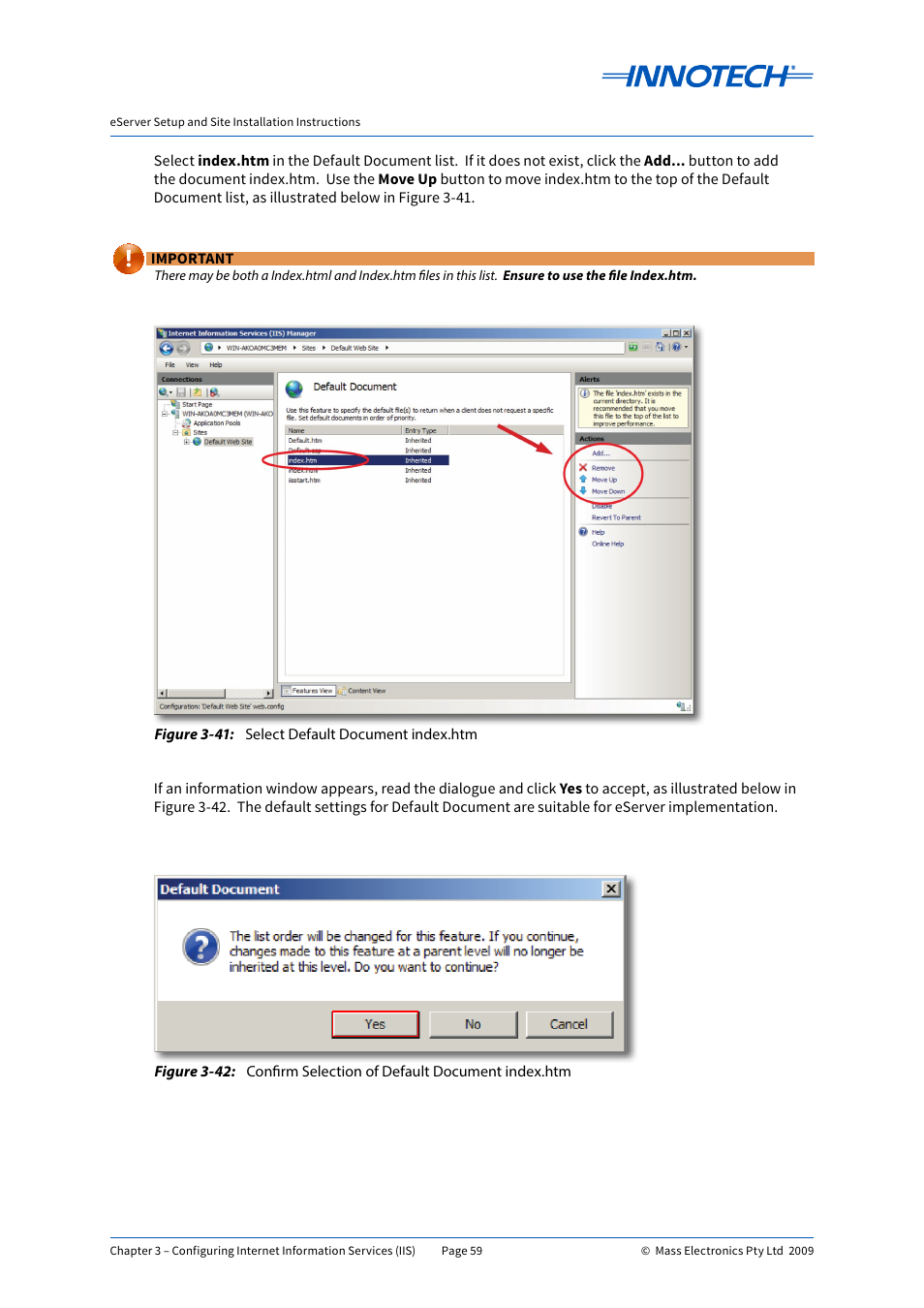 Select default document index.htm, Confirm selection of default document index.htm, E 3-41 | E 3-42 | Innotech eServer User Manual | Page 59 / 118