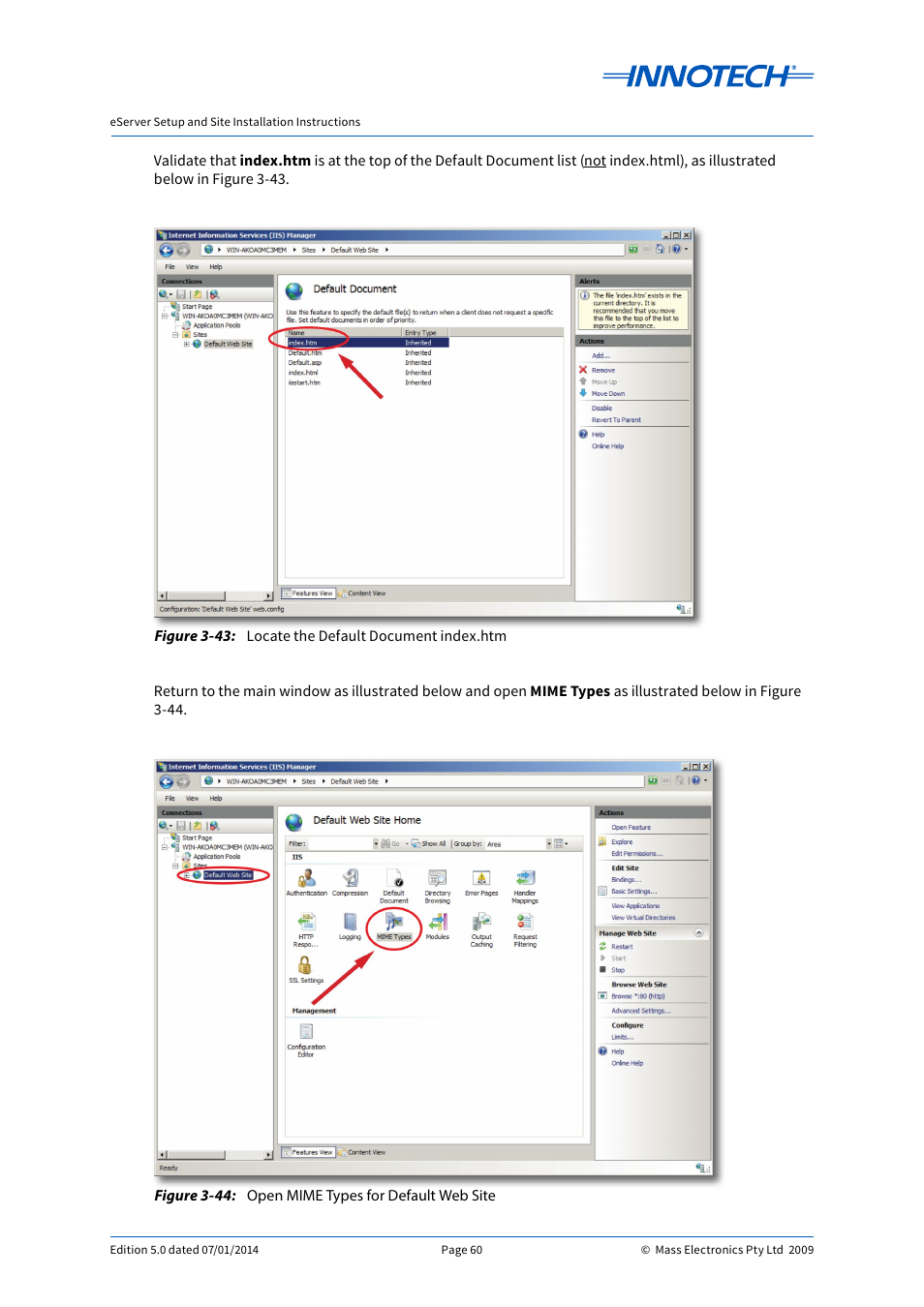 Locate the default document index.htm, Open mime types for default web site, E 3-43 | E 3-44 | Innotech eServer User Manual | Page 60 / 118