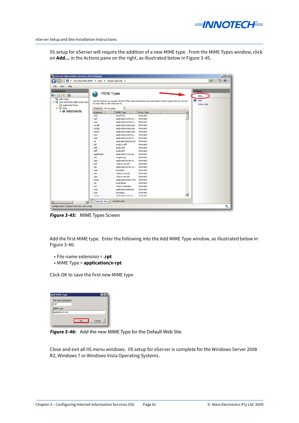 Mime types screen, Add the new mime type for the default web site, E 3-45 | E 3-46 | Innotech eServer User Manual | Page 61 / 118