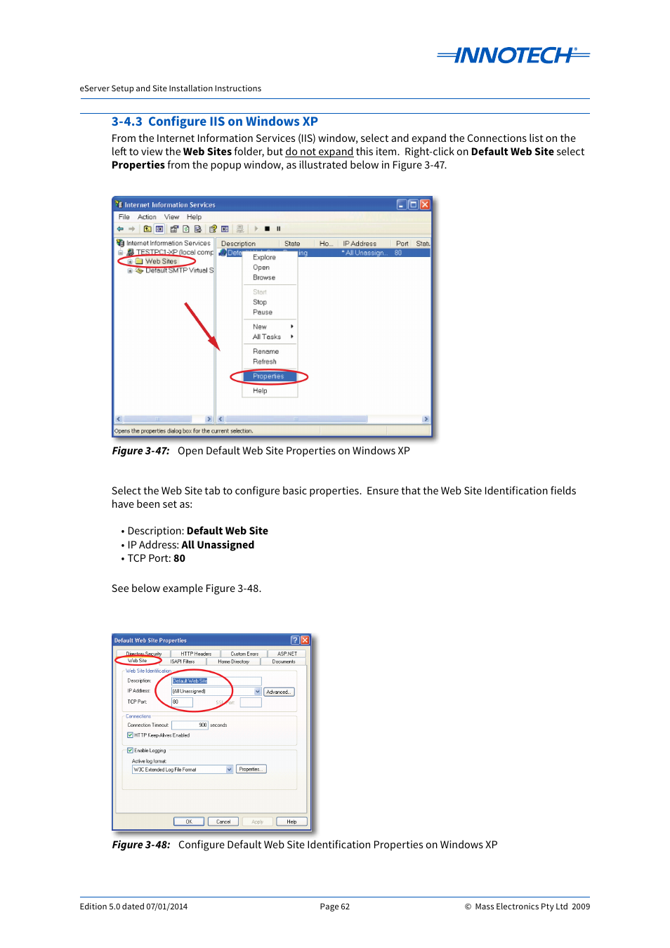 4.3 configure iis on windows xp, Open default web site properties on windows xp, E 3-47 | E 3-48 | Innotech eServer User Manual | Page 62 / 118