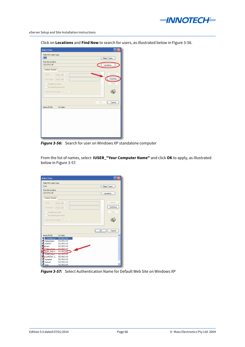 Search for user on windows xp standalone computer, E 3-56, E 3-57 | Innotech eServer User Manual | Page 66 / 118