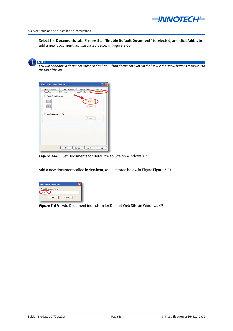 Set documents for default web site on windows xp, E 3-60, E 3-61 | Innotech eServer User Manual | Page 68 / 118