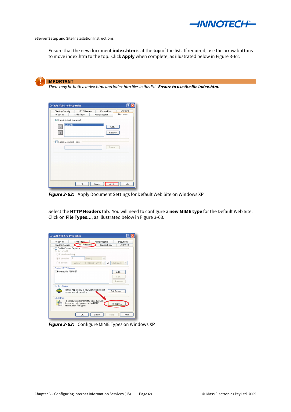 Configure mime types on windows xp, E 3-62, E 3-63 | Innotech eServer User Manual | Page 69 / 118