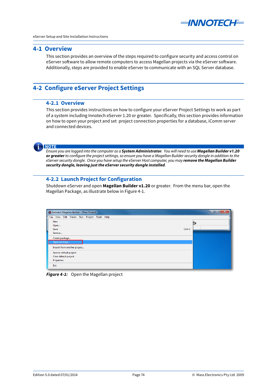 1 overview, 2 configure eserver project settings, 2.1 overview | 2.2 launch project for configuration, Open the magellan project, 1 overview 4-2 configure eserver project settings | Innotech eServer User Manual | Page 74 / 118