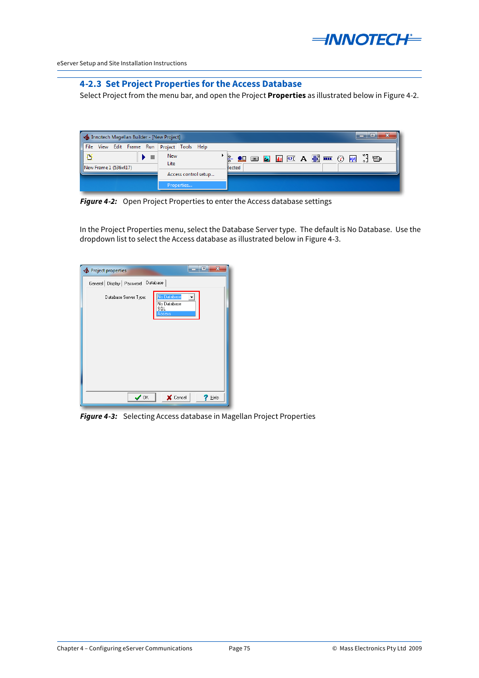2.3 set project properties for the access database | Innotech eServer User Manual | Page 75 / 118