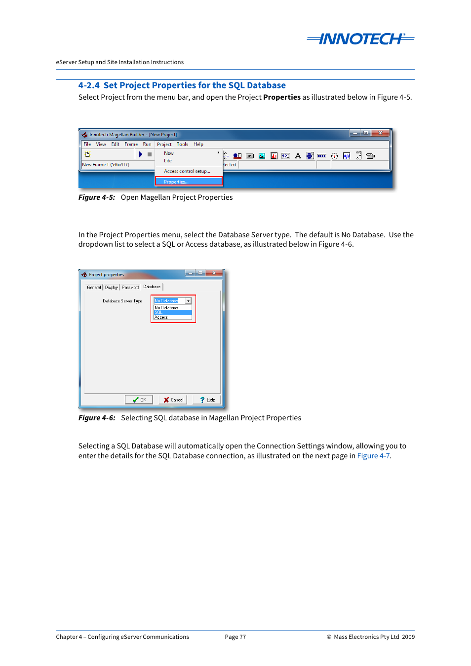 2.4 set project properties for the sql database, Open magellan project properties | Innotech eServer User Manual | Page 77 / 118