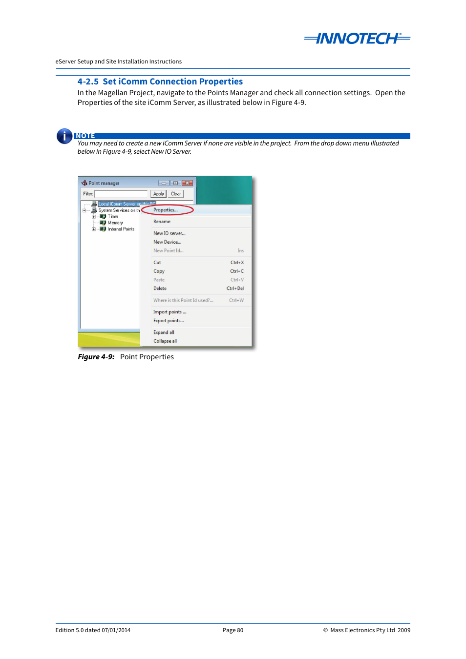 2.5 set icomm connection properties, Point properties | Innotech eServer User Manual | Page 80 / 118