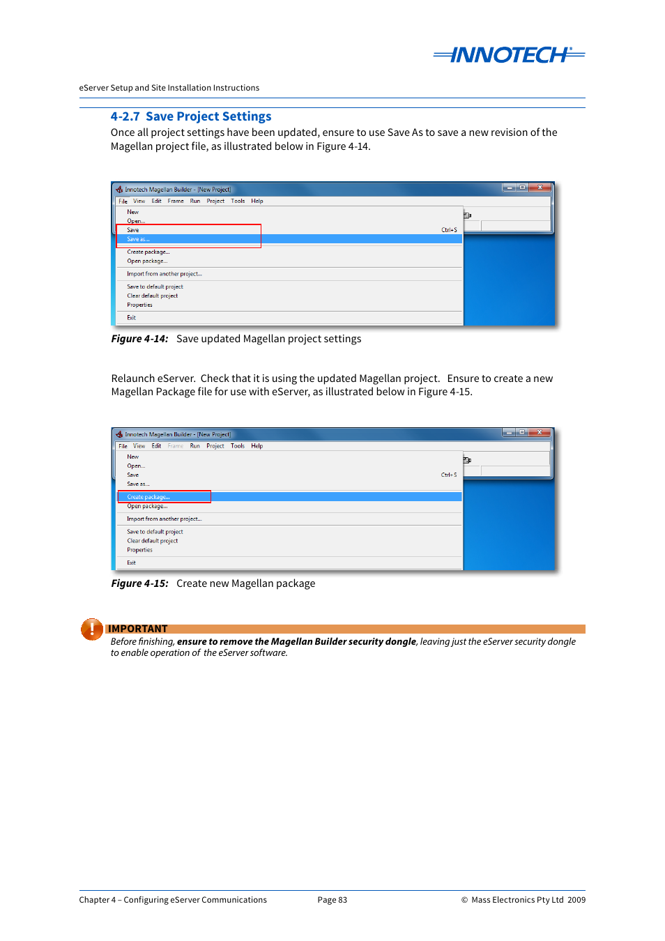 2.7 save project settings, Save updated magellan project settings, Create new magellan package | E 4-14, E 4-15 | Innotech eServer User Manual | Page 83 / 118