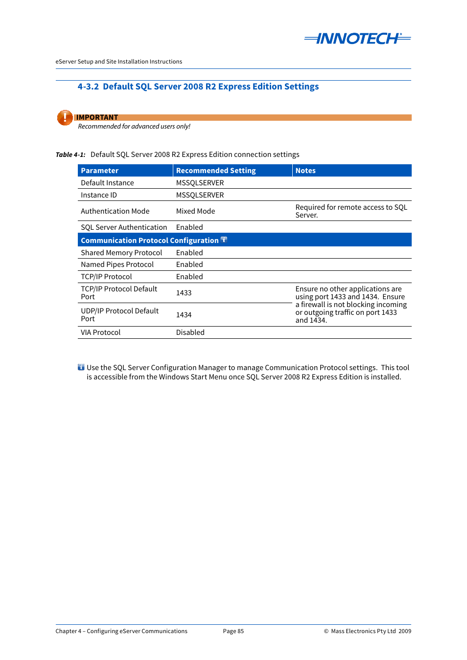 3.2 default sql server, 2008 r2 express edition settings | Innotech eServer User Manual | Page 85 / 118