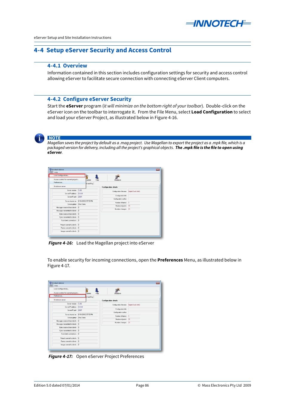 4 setup eserver security and access control, 4.1 overview, 4.2 configure eserver security | Load the magellan project into eserver, Open eserver project preferences, 4.1 overview 4-4.2 configure eserver security, E 4-16, E 4-17 | Innotech eServer User Manual | Page 86 / 118