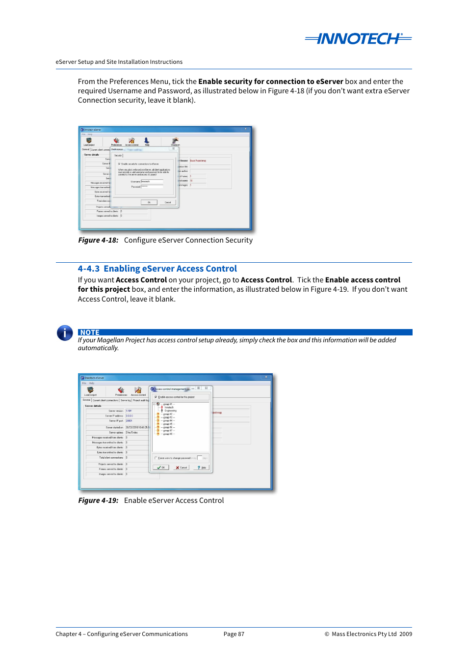 4.3 enabling eserver access control, Configure eserver connection security, Enable eserver access control | E 4-18, E 4-19 | Innotech eServer User Manual | Page 87 / 118