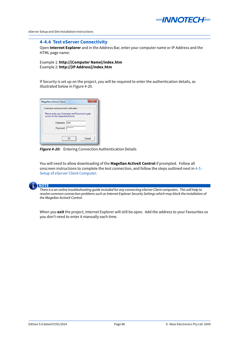 4.4 test eserver connectivity, Entering connection authentication details, E 4-20 | Innotech eServer User Manual | Page 88 / 118