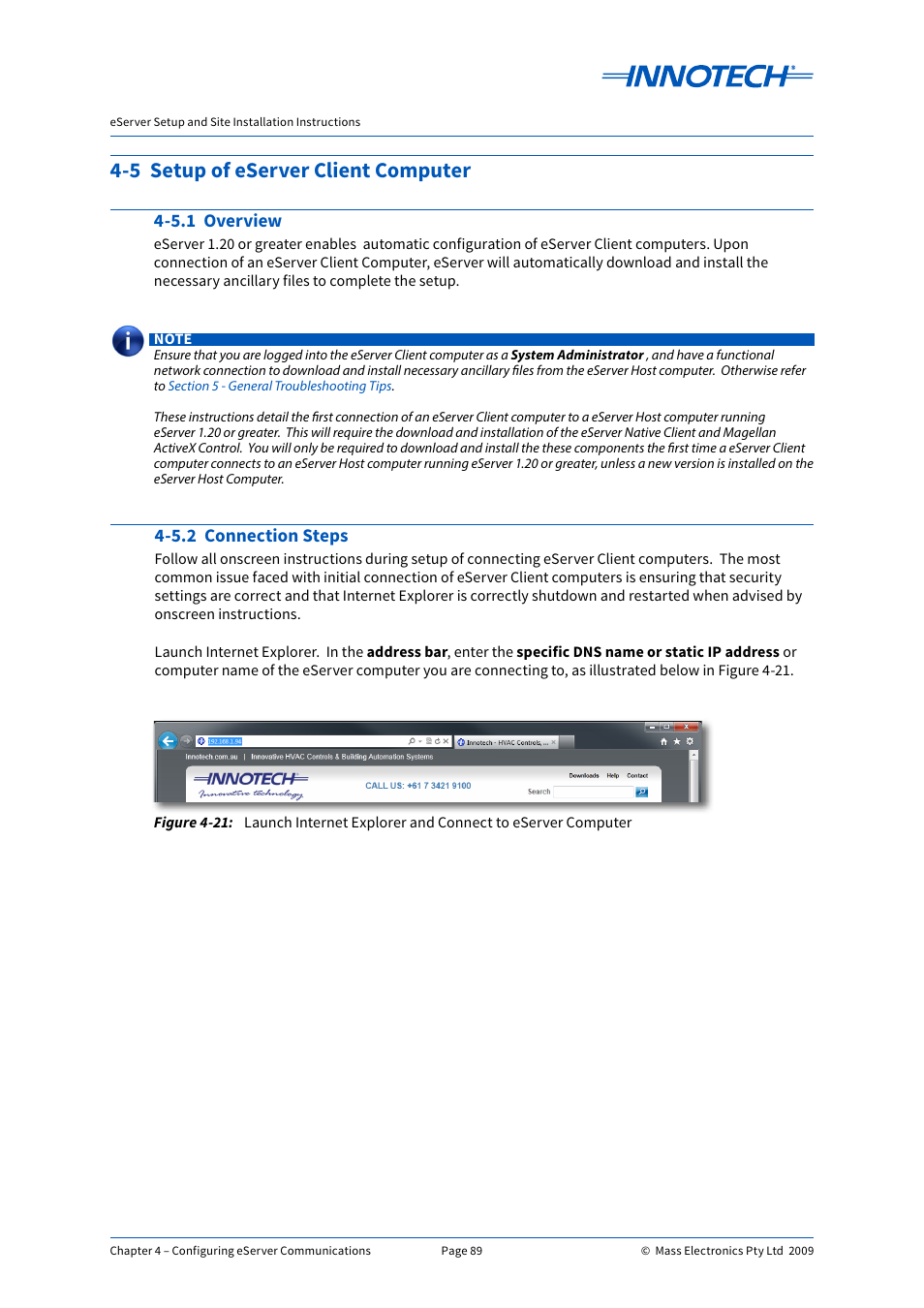 5 setup of eserver client computer, 5.1 overview, 5.2 connection steps | 5.1 overview 4-5.2 connection steps, E 4-21, Setup of eserver client computer | Innotech eServer User Manual | Page 89 / 118