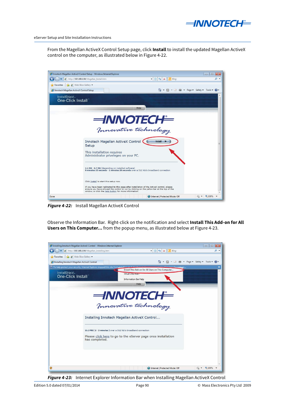 Install magellan activex control, E 4-22, E 4-23 | Innotech eServer User Manual | Page 90 / 118