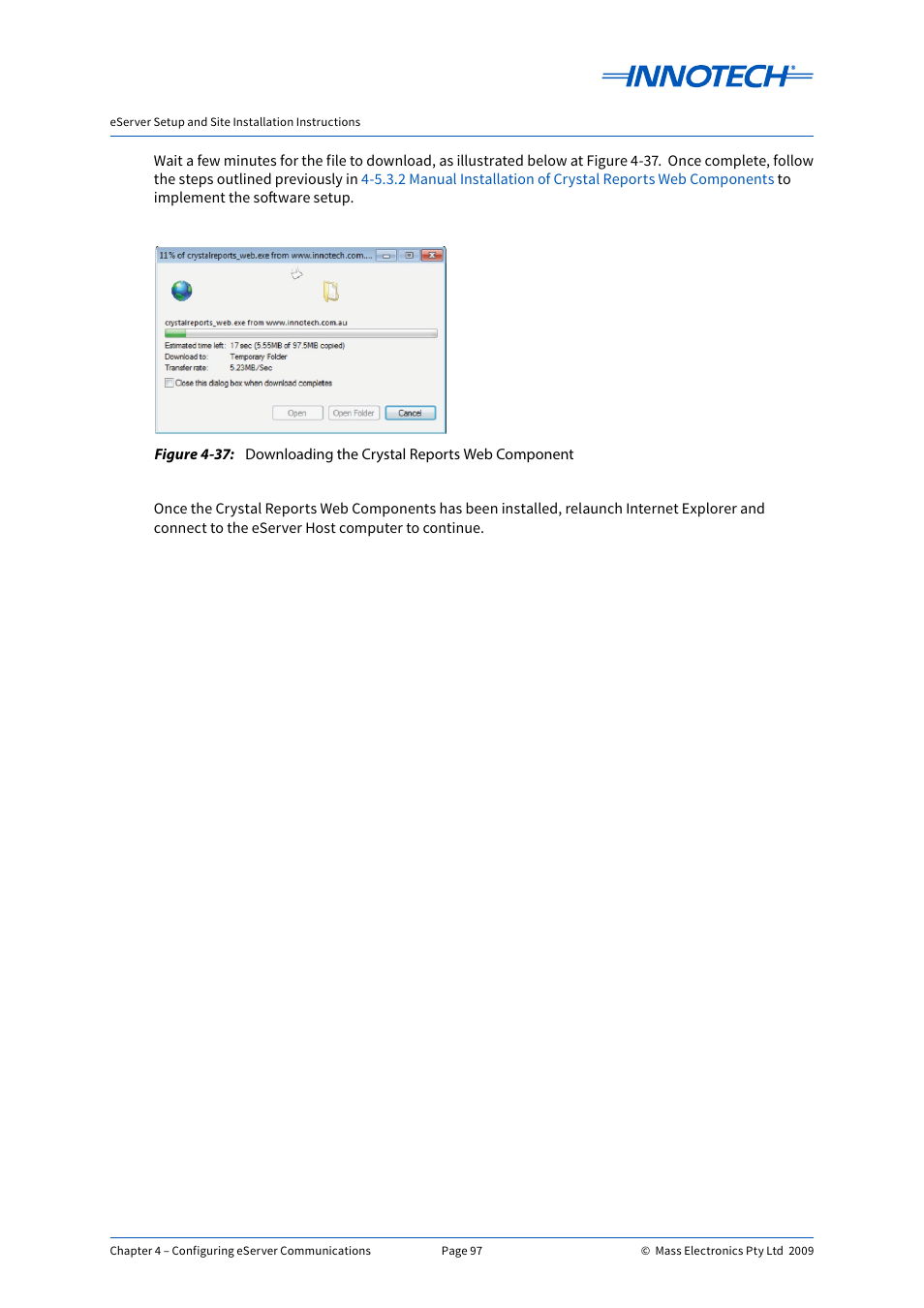Downloading the crystal reports web component, E 4-37 | Innotech eServer User Manual | Page 97 / 118