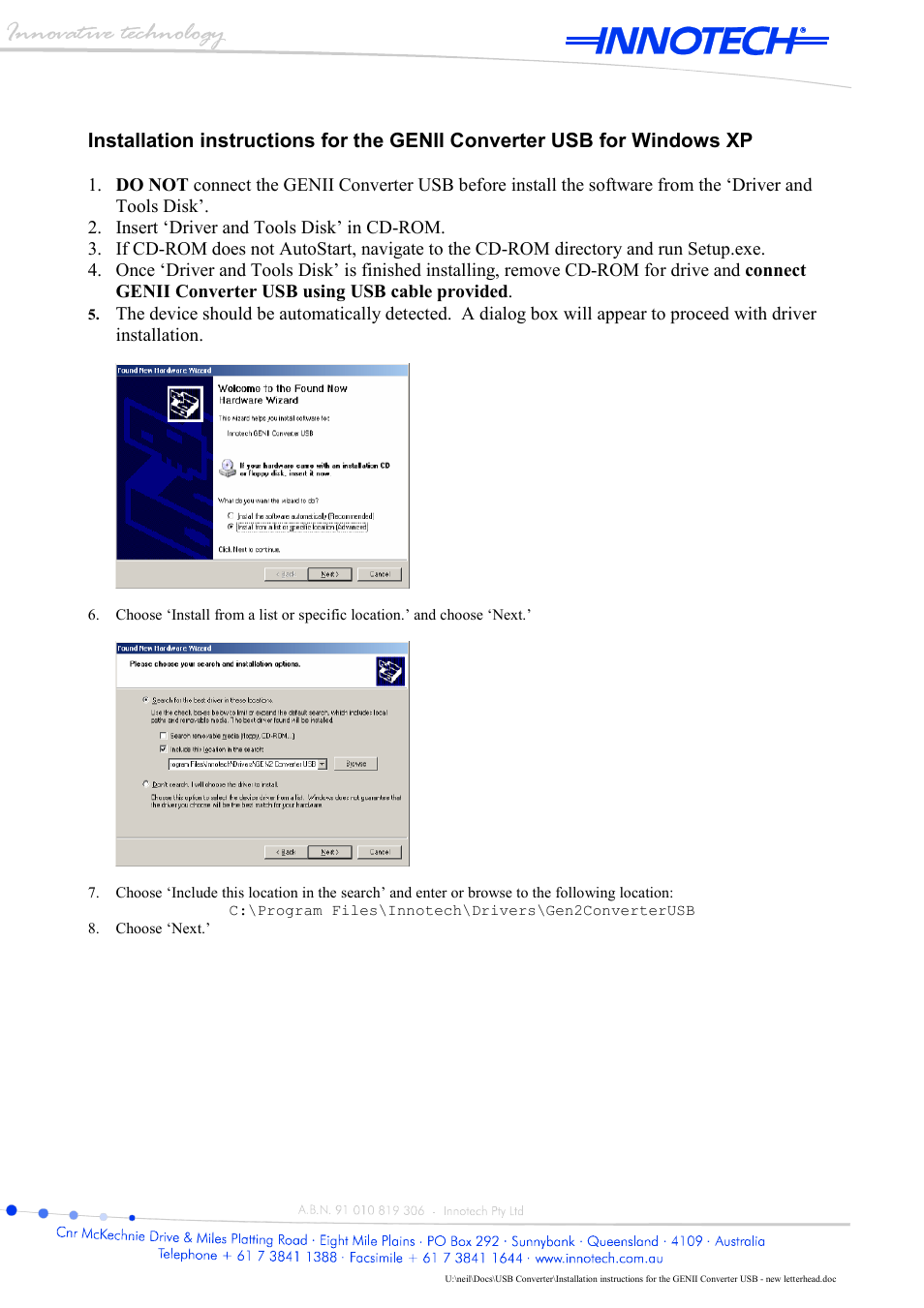 Innotech GenII Converter USB User Manual | 4 pages