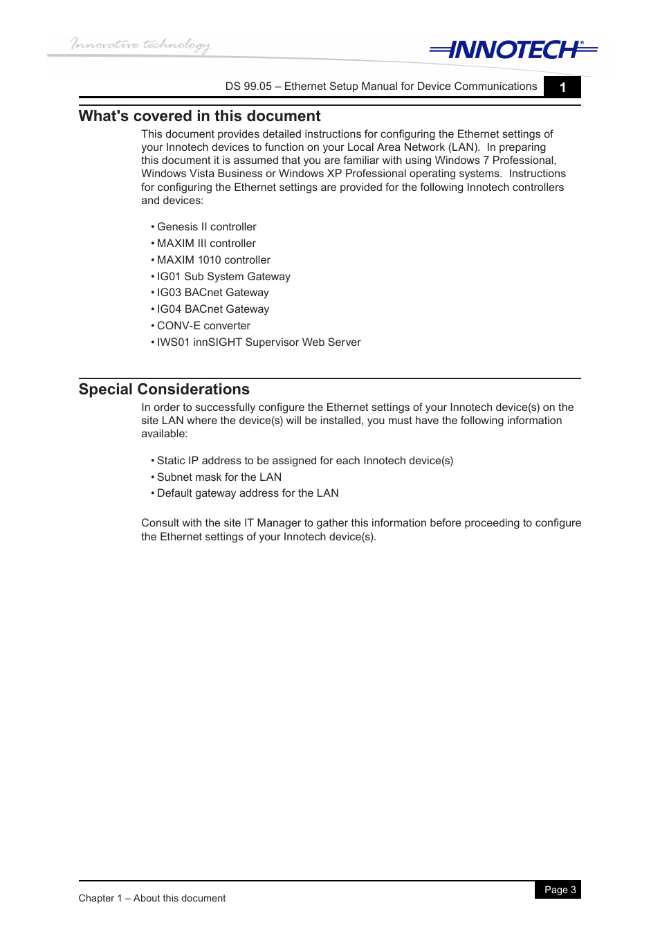 What's covered in this document, Special considerations | Innotech Device Communications User Manual | Page 11 / 42