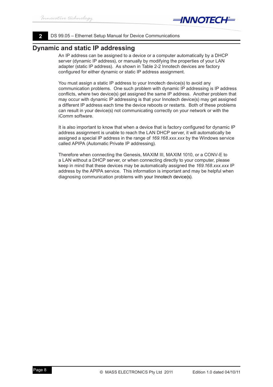 Dynamic and static ip addressing | Innotech Device Communications User Manual | Page 16 / 42