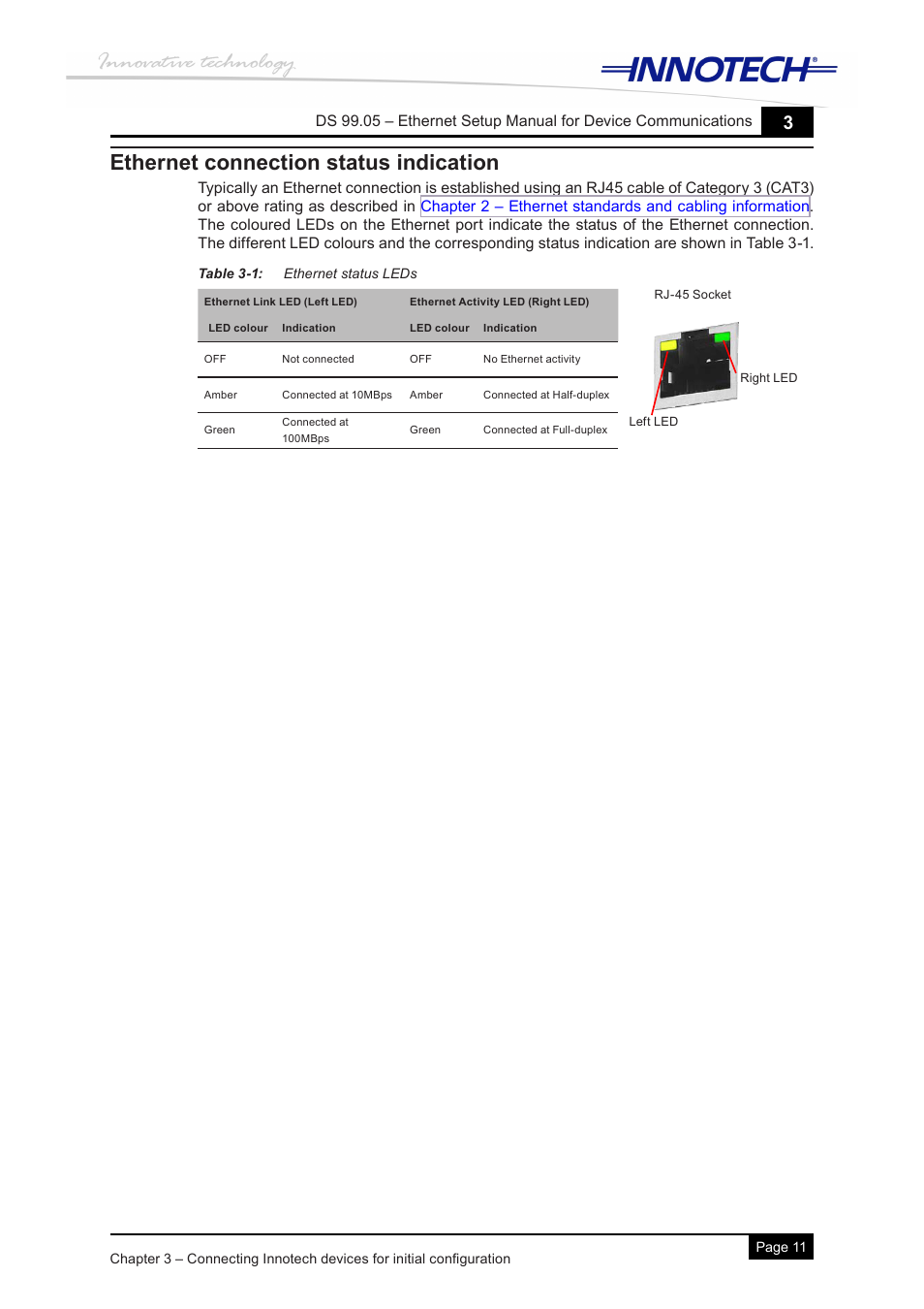 Ethernet connection status indication, Table 3-1: ethernet status leds | Innotech Device Communications User Manual | Page 19 / 42