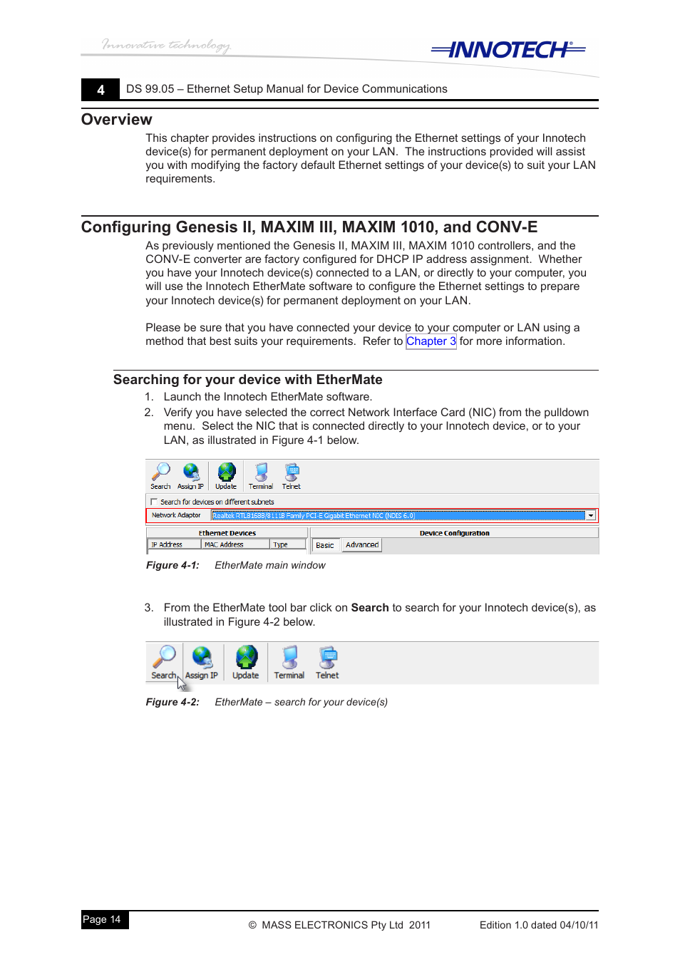 Overview, Searching for your device with ethermate, Figure 4-1: ethermate main window | Figure 4-2: ethermate – search for your device(s) | Innotech Device Communications User Manual | Page 22 / 42
