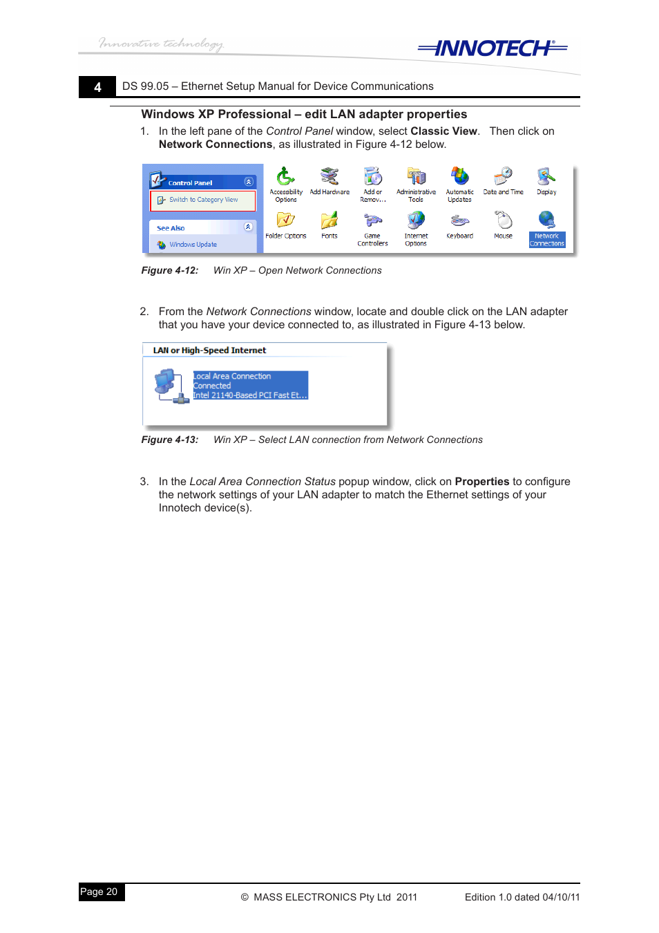 Figure 4-12: win xp – open network connections, Windows xp professional | Innotech Device Communications User Manual | Page 28 / 42