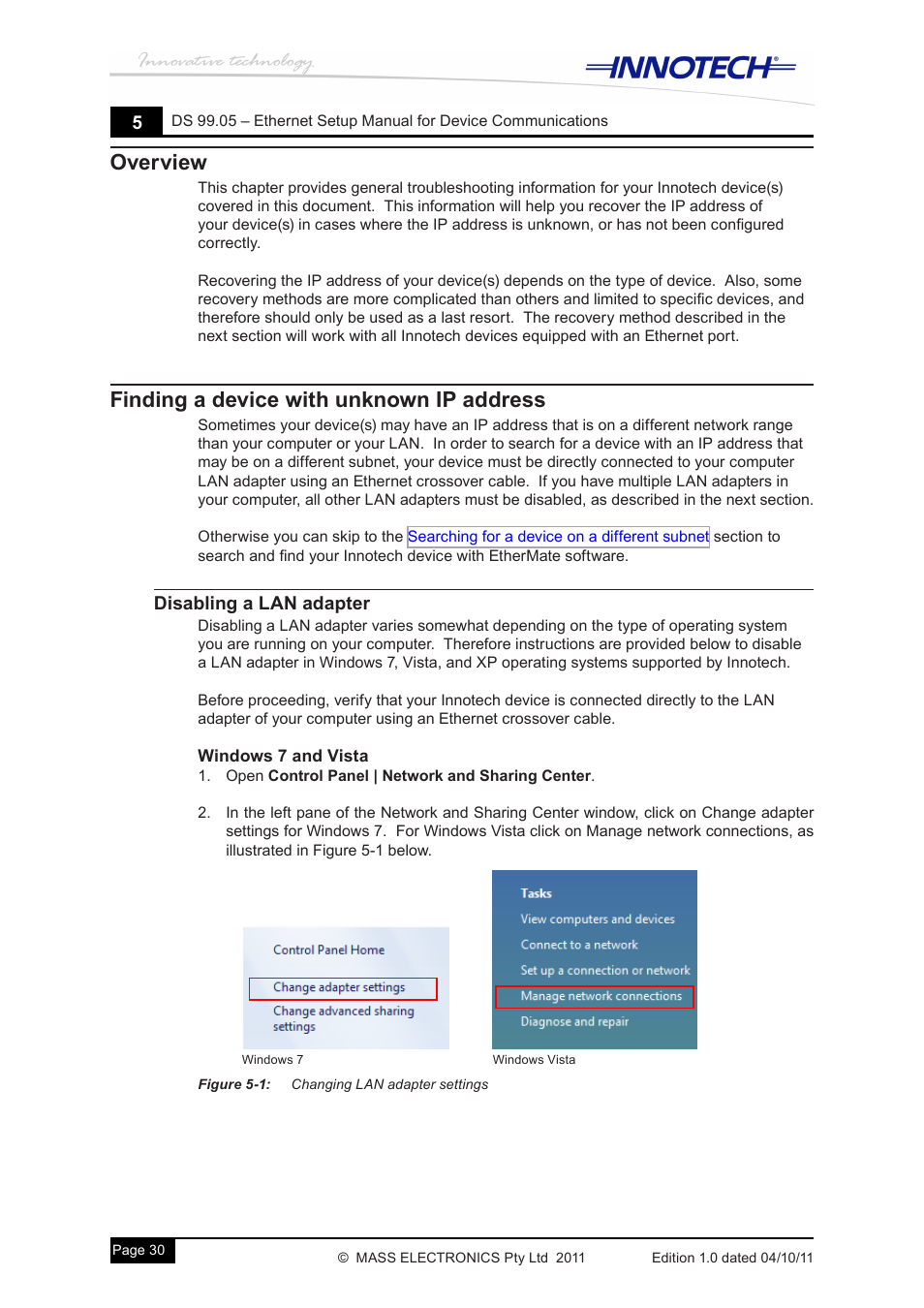 Overview, Finding a device with unknown ip address, Disabling a lan adapter | Figure 5-1: changing lan adapter settings, Overview finding a device with unknown ip address | Innotech Device Communications User Manual | Page 38 / 42