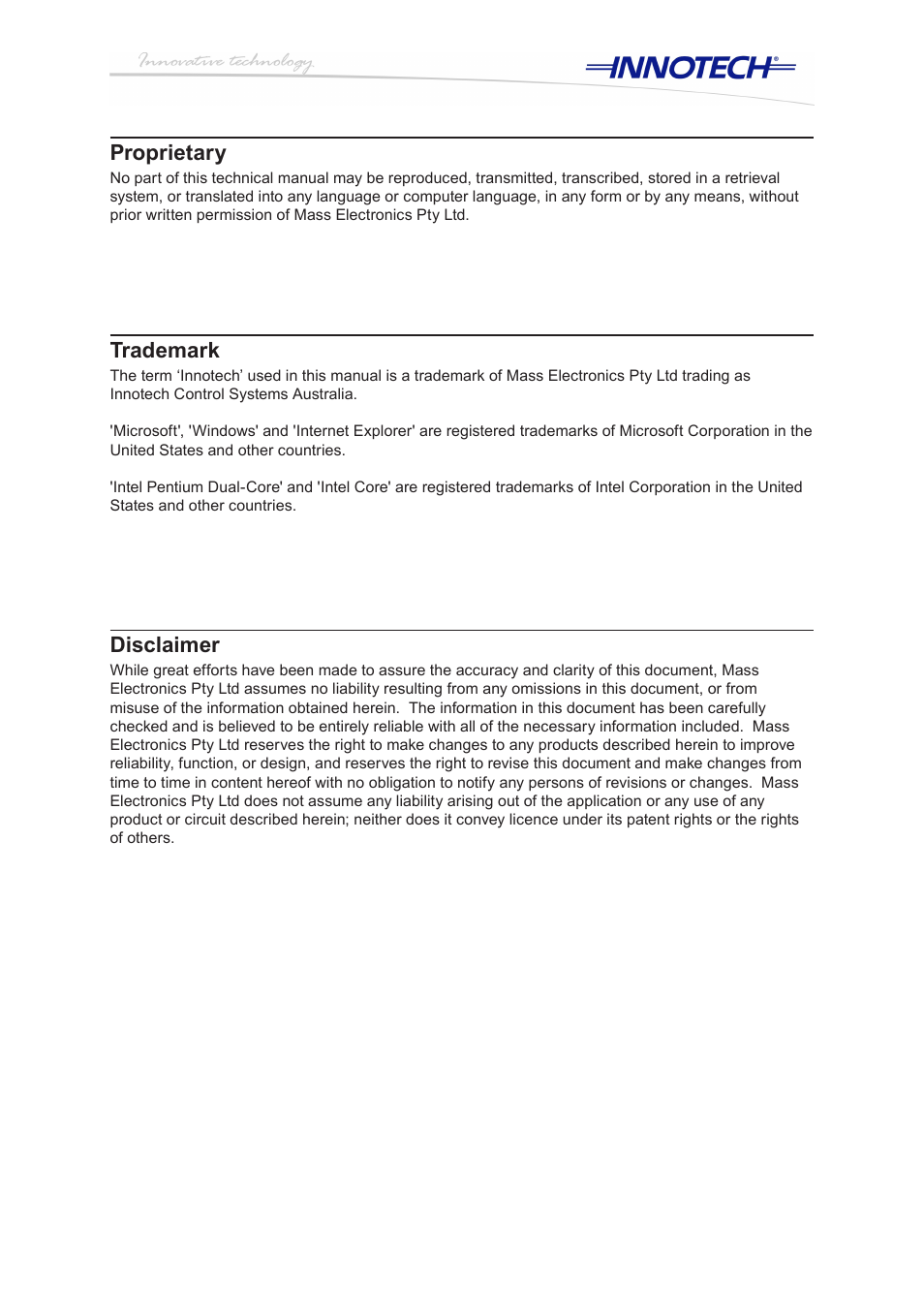 Proprietary, Trademark, Disclaimer | Innotech Device Communications User Manual | Page 4 / 42