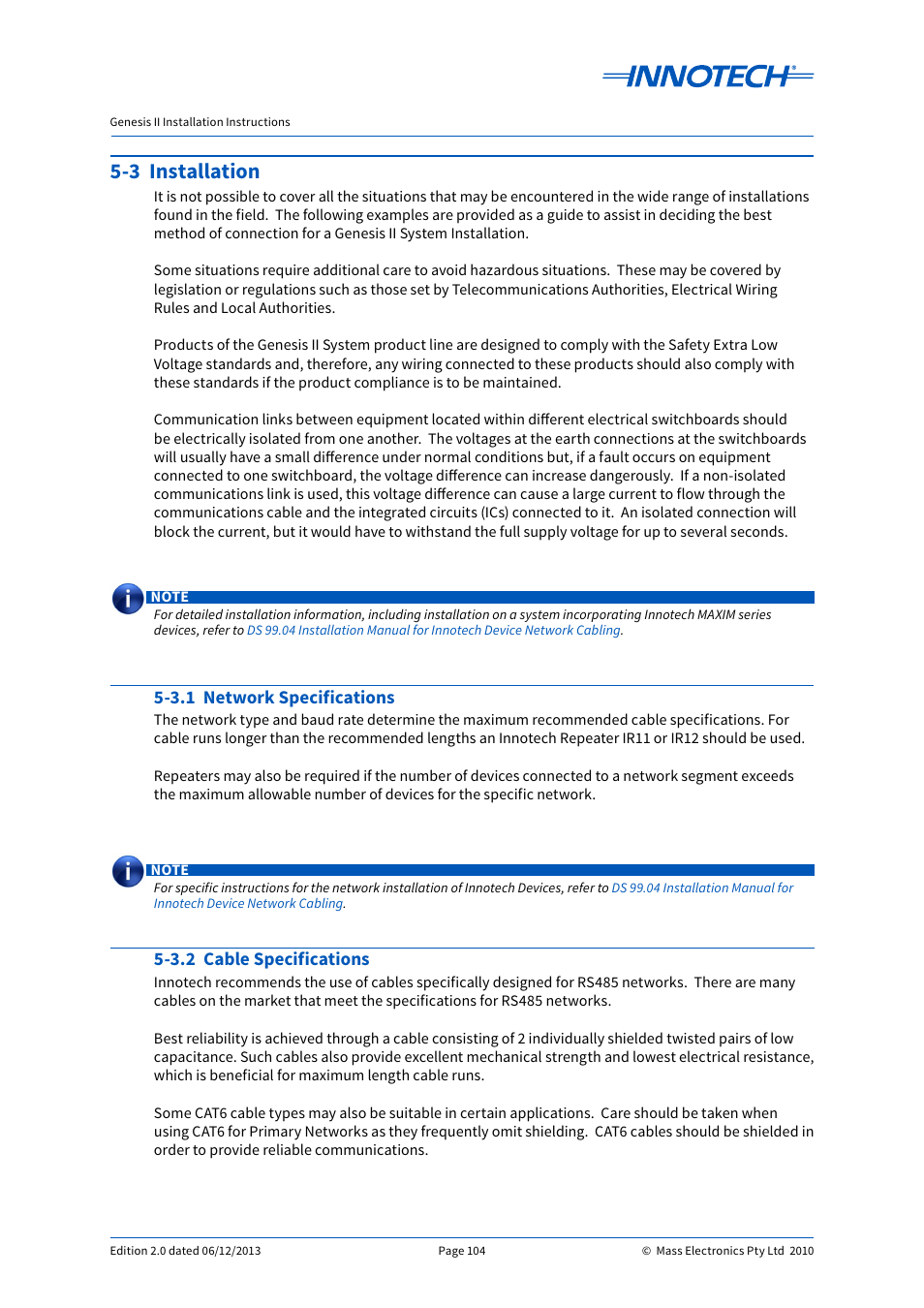 3 installation, 3.1 network specifications, 3.2 cable specifications | Innotech Genesis II Digital Controller (v5) User Manual | Page 104 / 124