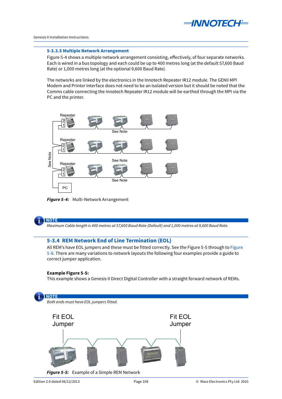 3.4 rem network end of line termination (eol), Example of a simple rem network, Multi-network arrangement | Fit eol jumper fit eol jumper | Innotech Genesis II Digital Controller (v5) User Manual | Page 108 / 124