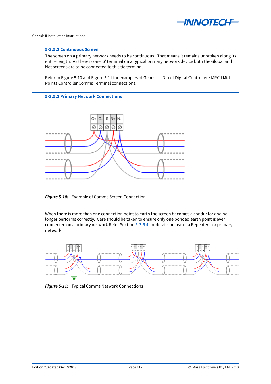 Typical comms network connections, Example of comms screen connection, E 5-10 | E 5-11 | Innotech Genesis II Digital Controller (v5) User Manual | Page 112 / 124