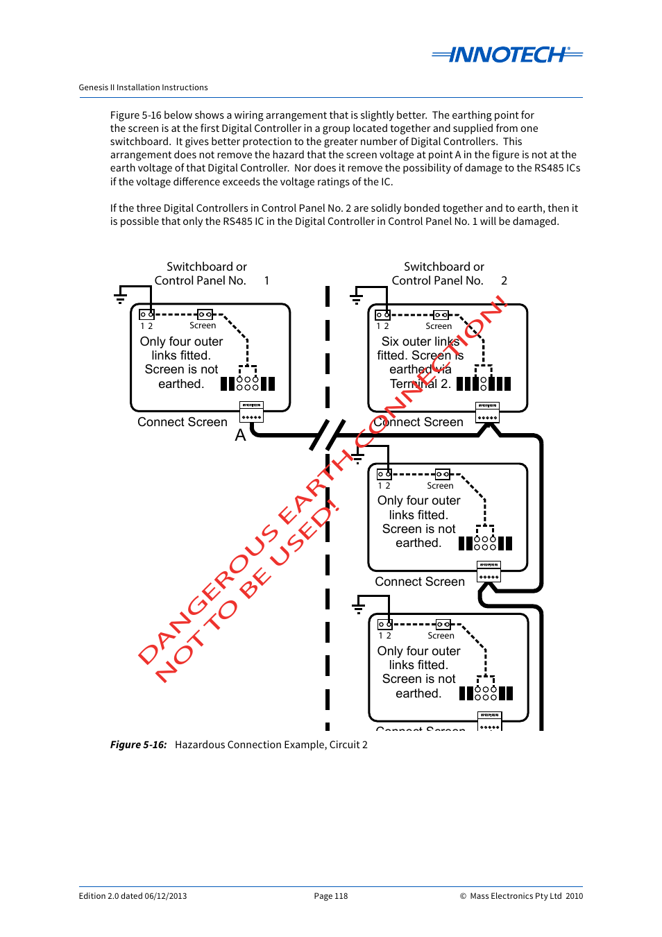 Hazardous connection example, circuit 2, E 5-16, Danger ous ear th c onnec tion! no t to be used | Innotech Genesis II Digital Controller (v5) User Manual | Page 118 / 124
