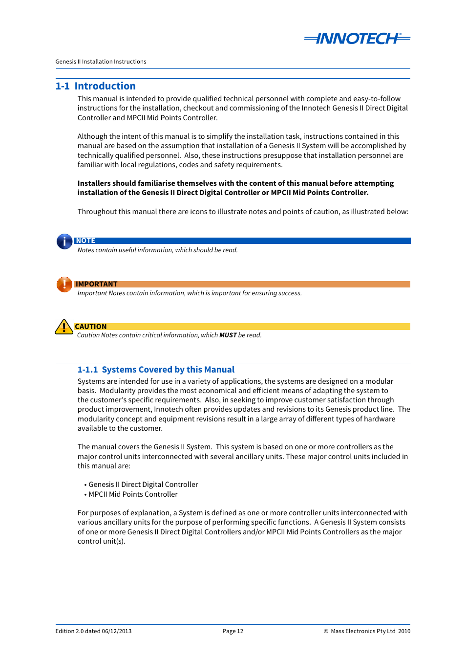 1 introduction, 1.1 systems covered by this manual | Innotech Genesis II Digital Controller (v5) User Manual | Page 12 / 124