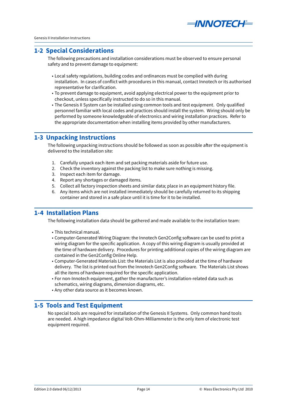 2 special considerations, 3 unpacking instructions, 4 installation plans | 5 tools and test equipment | Innotech Genesis II Digital Controller (v5) User Manual | Page 14 / 124