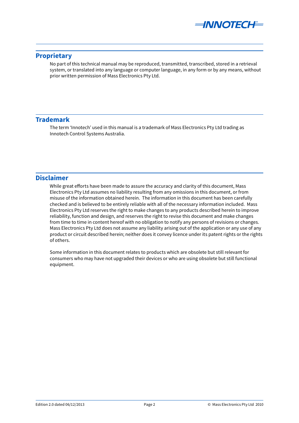 Proprietary, Trademark, Disclaimer | Innotech Genesis II Digital Controller (v5) User Manual | Page 2 / 124