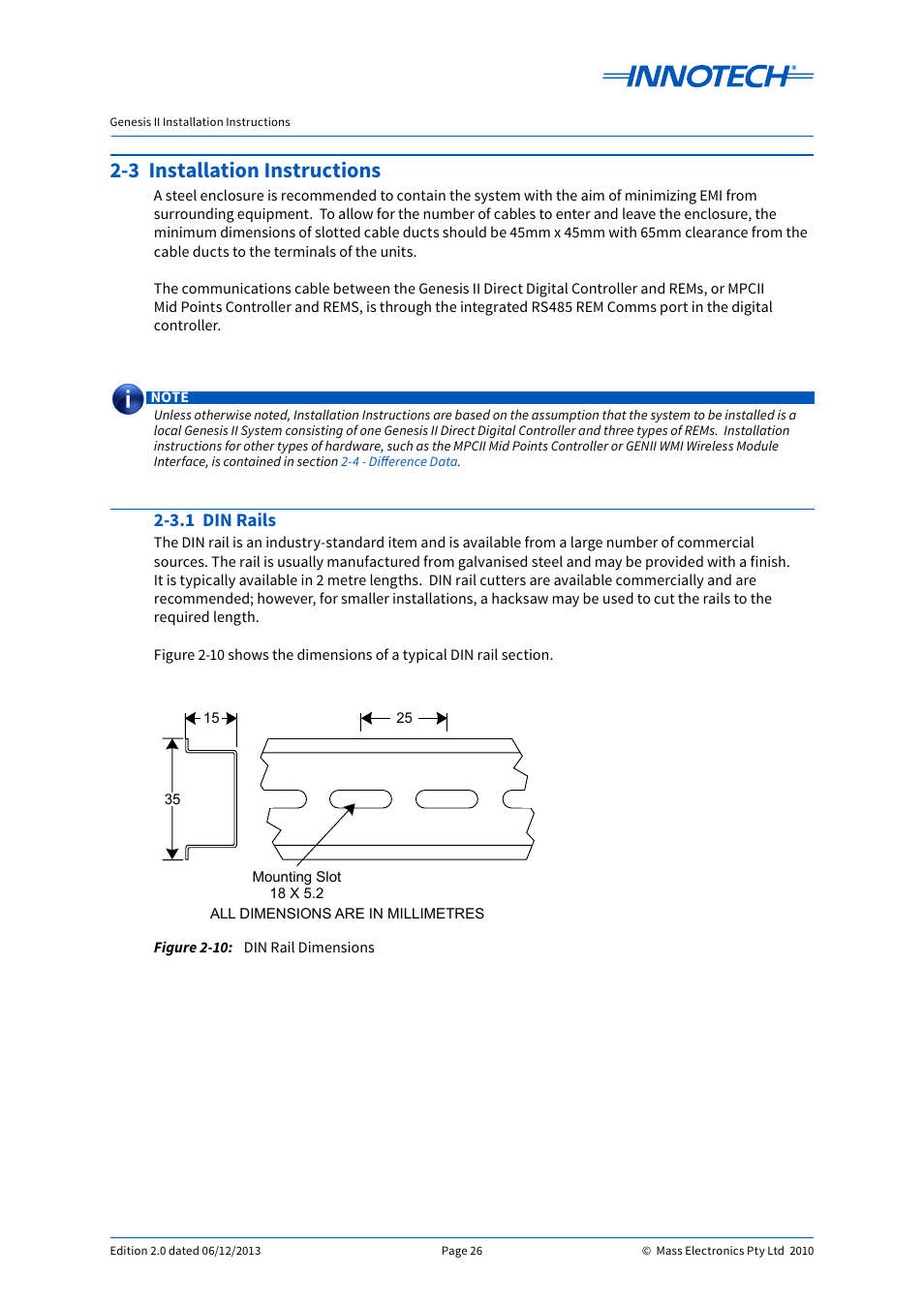3 installation instructions, 3.1 din rails, Din rail dimensions | E 2-10 | Innotech Genesis II Digital Controller (v5) User Manual | Page 26 / 124