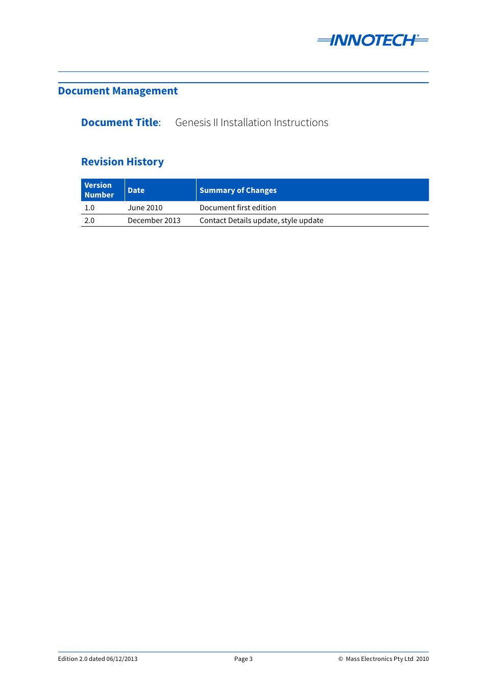 Document management document title | Innotech Genesis II Digital Controller (v5) User Manual | Page 3 / 124