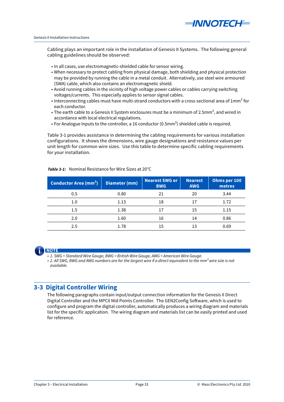 3 digital controller wiring, Nominal resistance for wire sizes at 20°c | Innotech Genesis II Digital Controller (v5) User Manual | Page 33 / 124