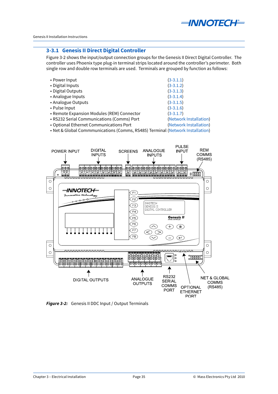 3.1 genesis ii direct digital controller, Genesis ii ddc input / output terminals | Innotech Genesis II Digital Controller (v5) User Manual | Page 35 / 124