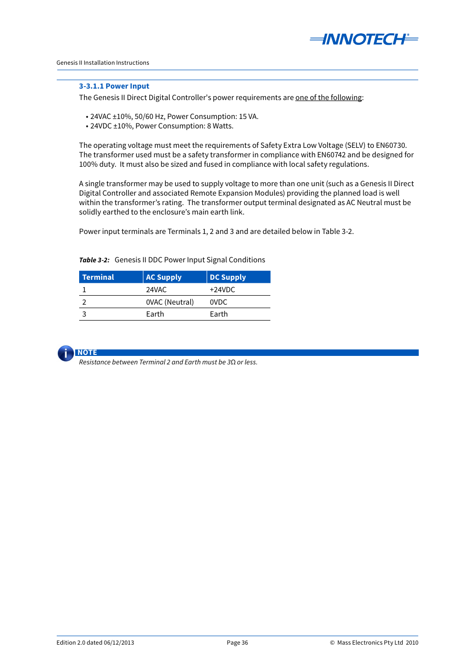 Genesis ii ddc power input signal conditions | Innotech Genesis II Digital Controller (v5) User Manual | Page 36 / 124