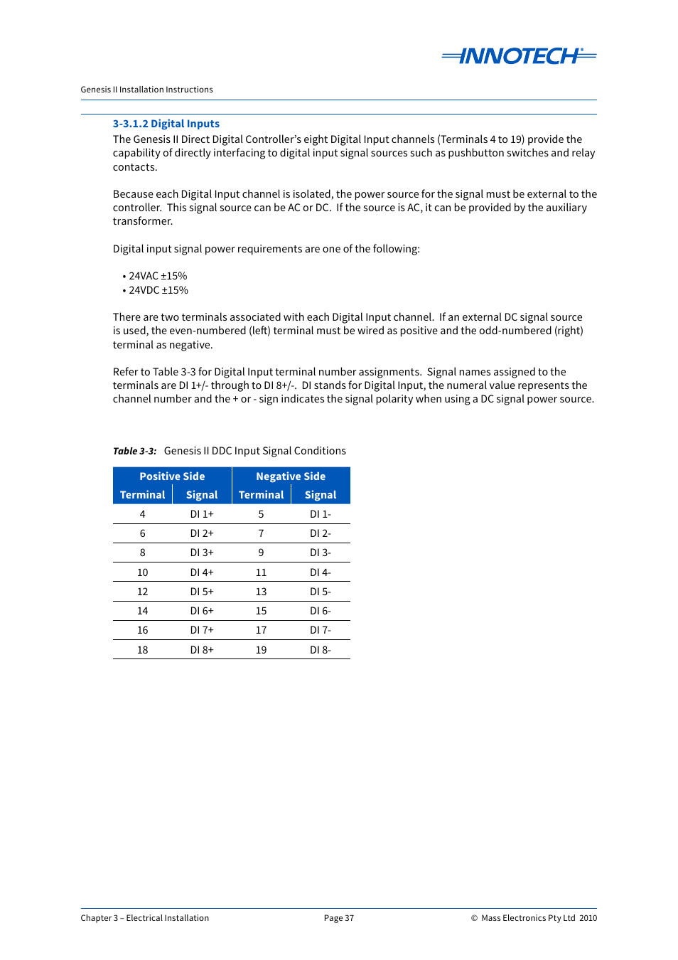 Genesis ii ddc input signal conditions | Innotech Genesis II Digital Controller (v5) User Manual | Page 37 / 124
