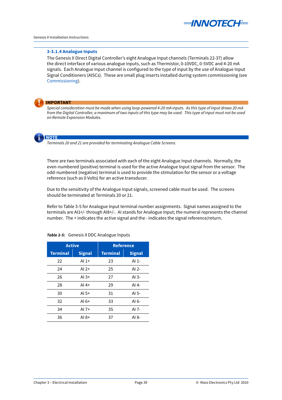 Genesis ii ddc analogue inputs | Innotech Genesis II Digital Controller (v5) User Manual | Page 39 / 124