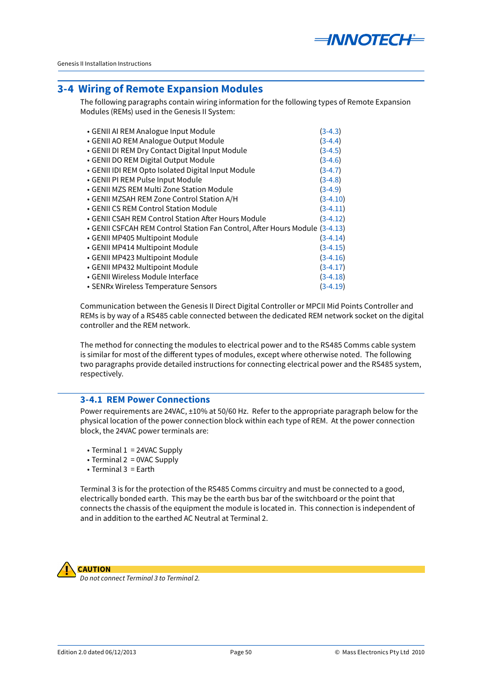 4 wiring of remote expansion modules, 4.1 rem power connections | Innotech Genesis II Digital Controller (v5) User Manual | Page 50 / 124