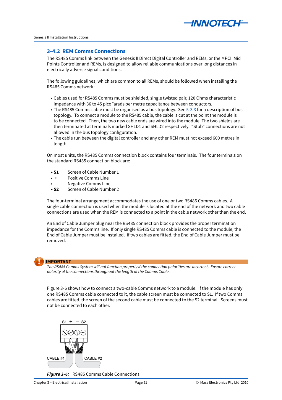 4.2 rem comms connections, Rs485 comms cable connections | Innotech Genesis II Digital Controller (v5) User Manual | Page 51 / 124