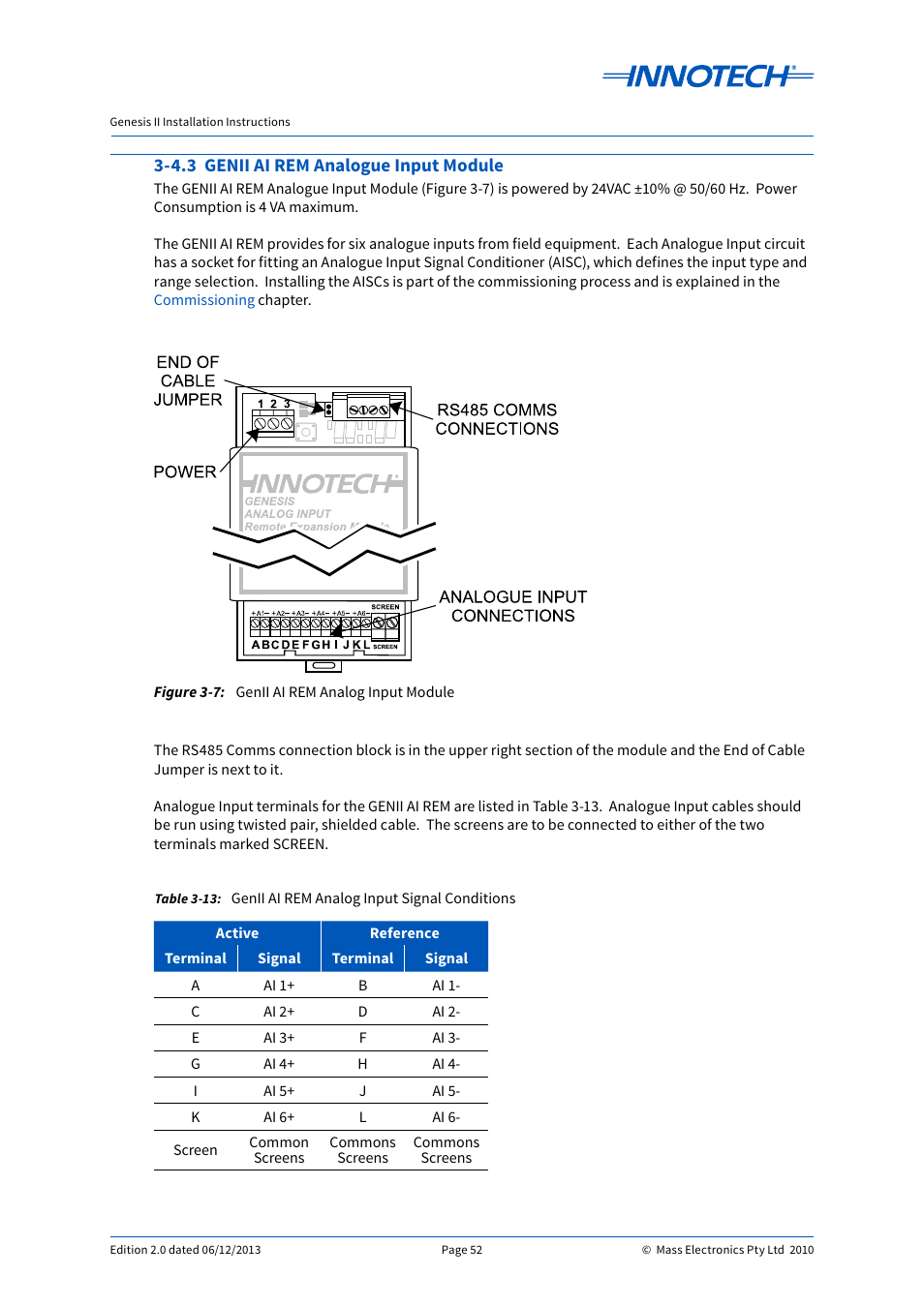 4.3 genii ai rem analogue input module, Genii ai rem analog input module, Genii ai rem analog input signal conditions | Innotech Genesis II Digital Controller (v5) User Manual | Page 52 / 124