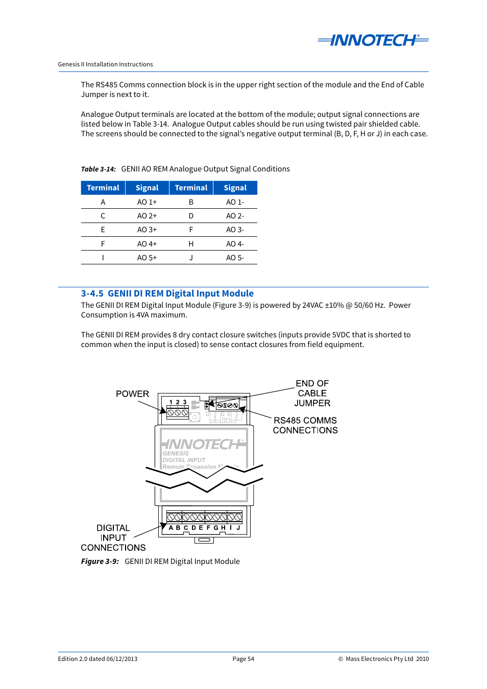 4.5 genii di rem digital input module, Genii di rem digital input module, Genii ao rem analogue output signal conditions | Innotech Genesis II Digital Controller (v5) User Manual | Page 54 / 124