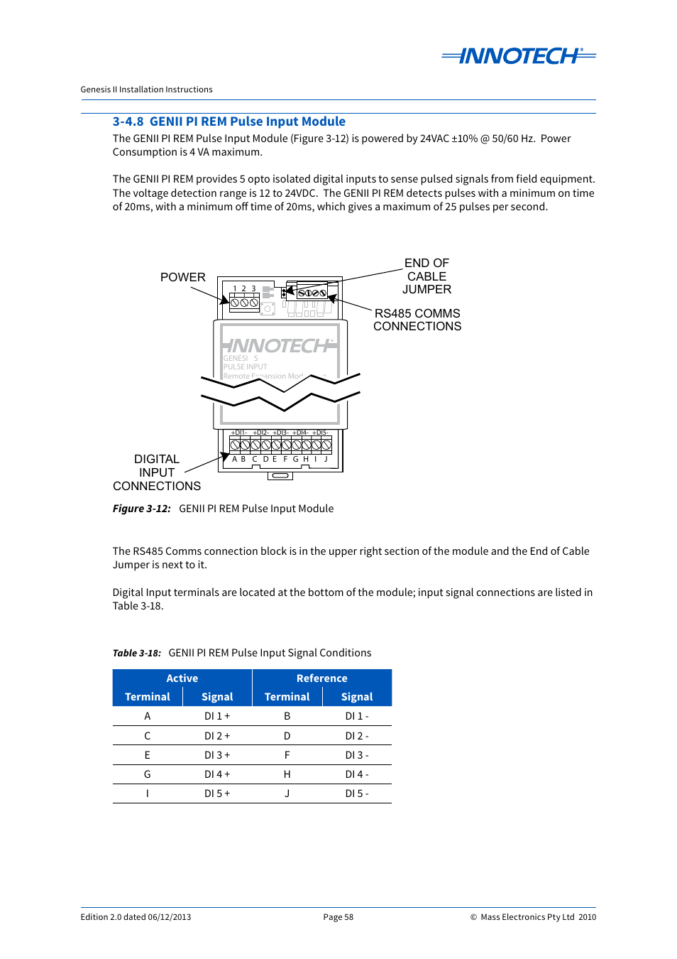 4.8 genii pi rem pulse input module, Genii pi rem pulse input module, Genii pi rem pulse input signal conditions | E 3-12 | Innotech Genesis II Digital Controller (v5) User Manual | Page 58 / 124