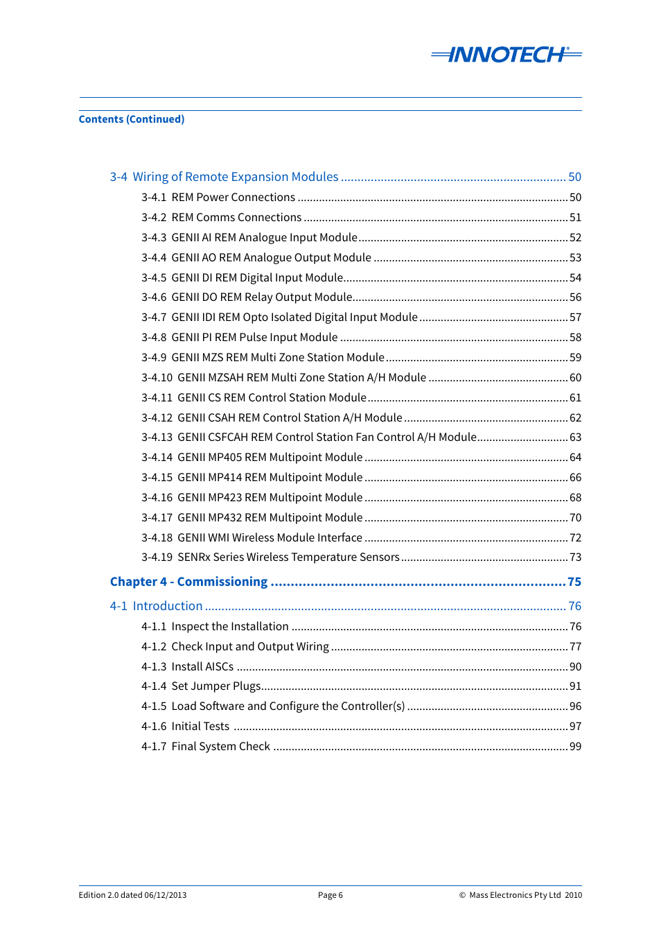 4 wiring of remote expansion modules, Chapter 4 - commissioning 4-1 introduction | Innotech Genesis II Digital Controller (v5) User Manual | Page 6 / 124