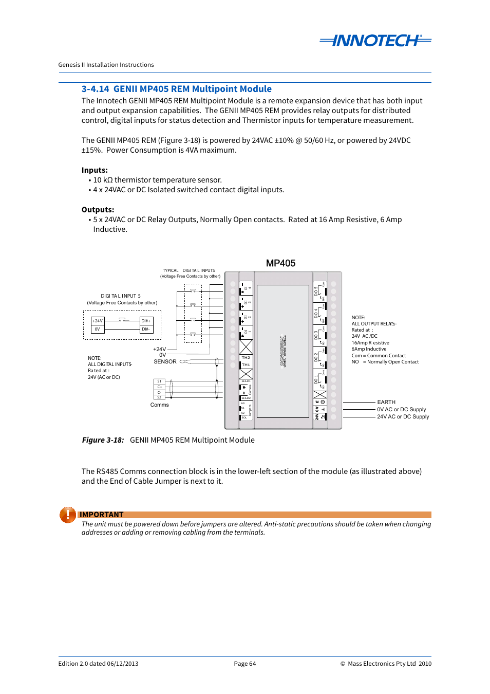 4.14 genii mp405 rem multipoint module, Genii mp405 rem multipoint module, E 3-18 | Mp405, Important | Innotech Genesis II Digital Controller (v5) User Manual | Page 64 / 124