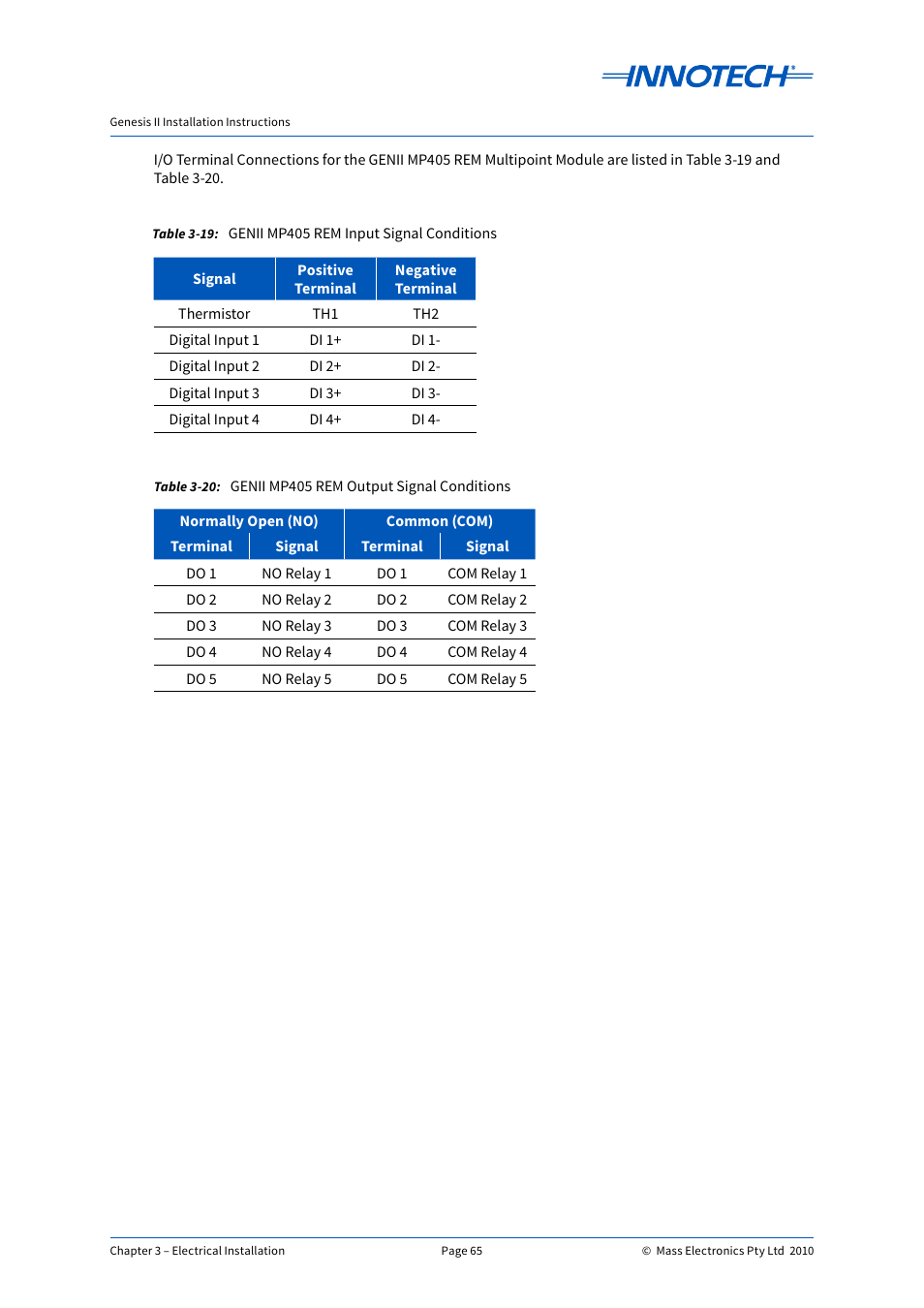 Genii mp405 rem output signal conditions, Genii mp405 rem input signal conditions | Innotech Genesis II Digital Controller (v5) User Manual | Page 65 / 124